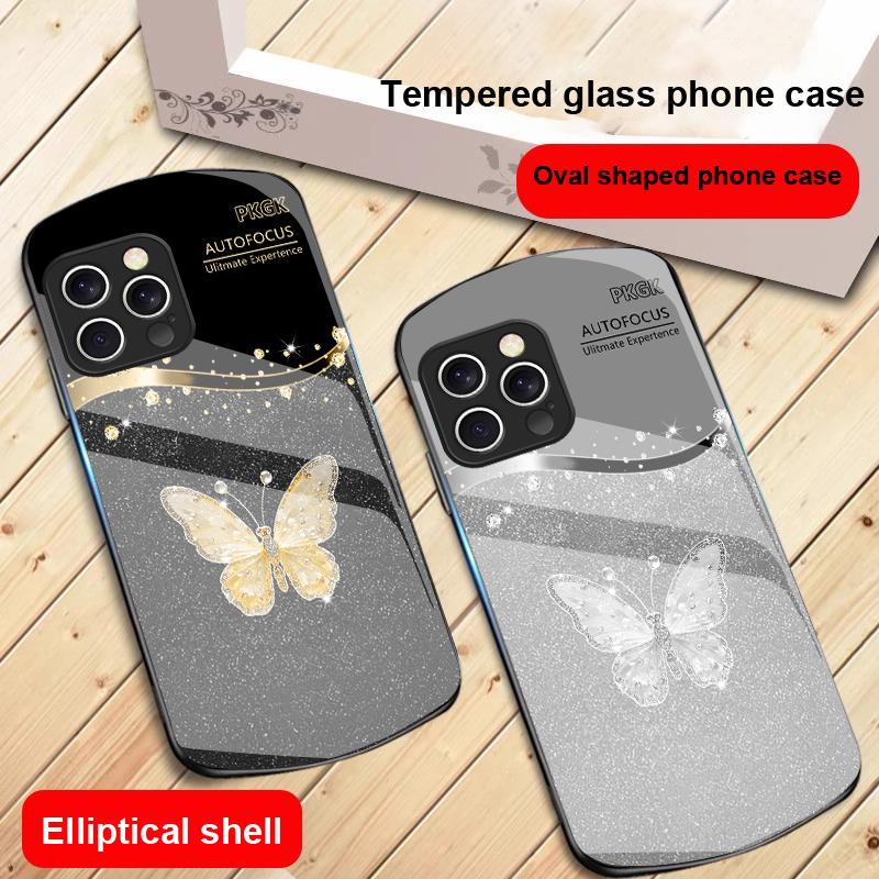 Gradient Diamond Butterfly For IPhone 16 Pro Max 16e 15 Pro 14 13 12 Mini 11 XS Max XR 7 8 Plu SE 22 Elliptical glass phone case