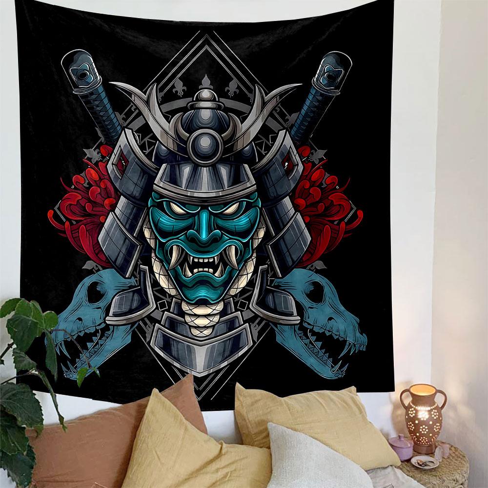 Samurai Mask with Swords and Skulls Patterned Tapestry Decorative Wall Hanging, Home Bedroom Living Room Decor