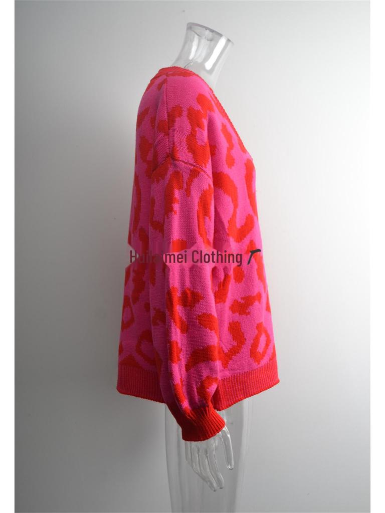 European & American Leopard Print Knitted Cardigan: Autumn/Winter, Mid-Length, Round Neck, Single-Breasted, Streetwear Style, Plus Size Sweater