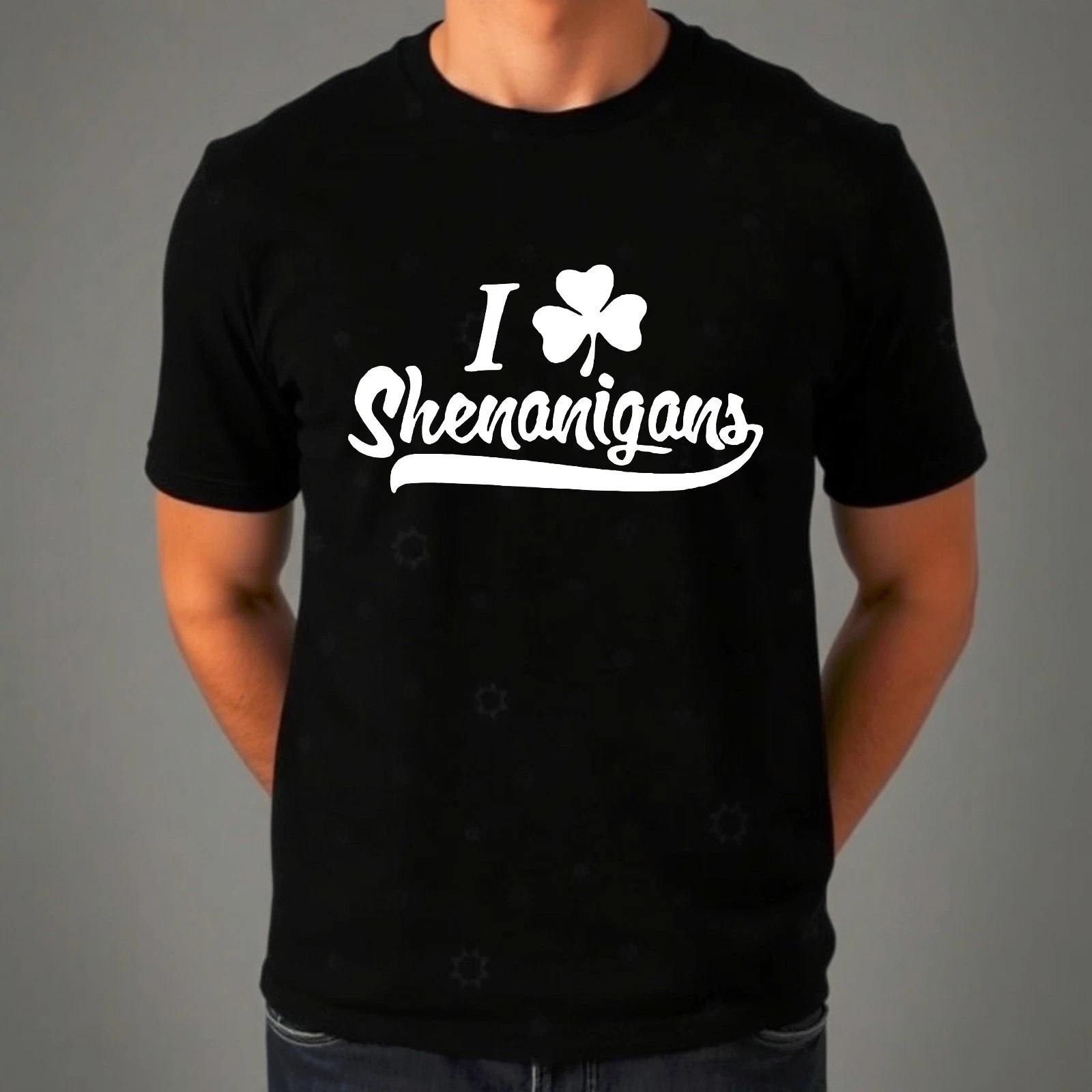 I Love Shenanigans T-Shirt, St Patricks Day Funny Irish Shamrock Clover Gift Tee S
