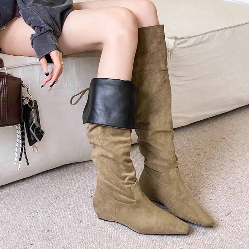 Mode Neue Mode Schnür Damen Kniehohe Stiefel Schuhe Flock Damen Lange Moderne Stiefel Weiblich Mit Schuhen Mit Höhenabsatz