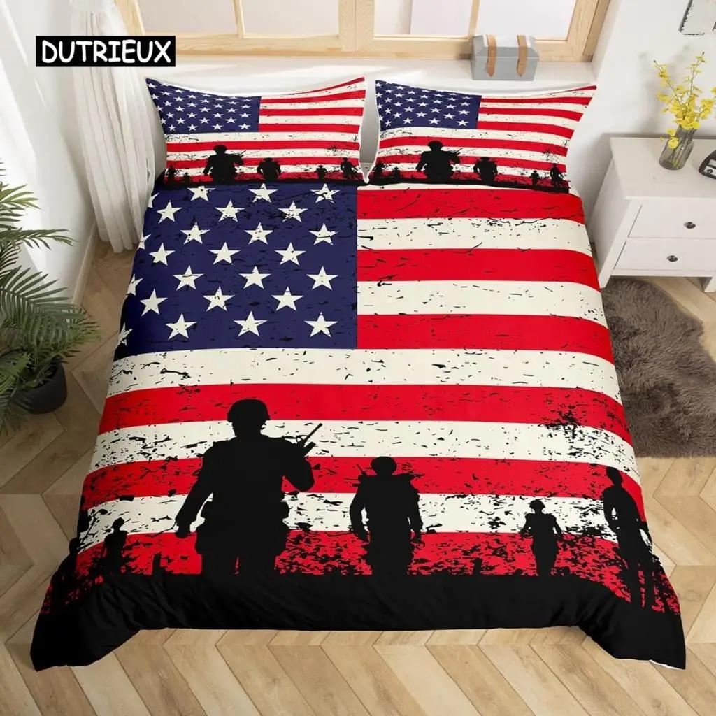 American Flag and Fire Truck Duvet Cover Set Twin Comforter Cover with Pillowcase Bedclothes USA F