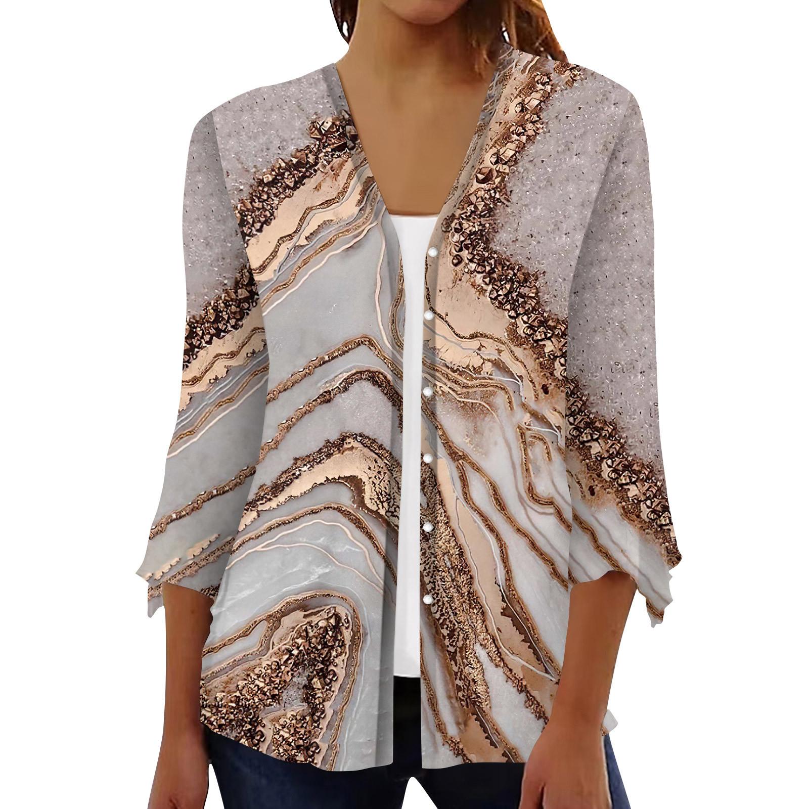 

Кардиган с открытым передом и рукавами 3/4 для женщин, кардиган на пуговицах в стиле ретро с цветочным принтом для платья, женские топы с v-образным вырезом, накидка L золотой