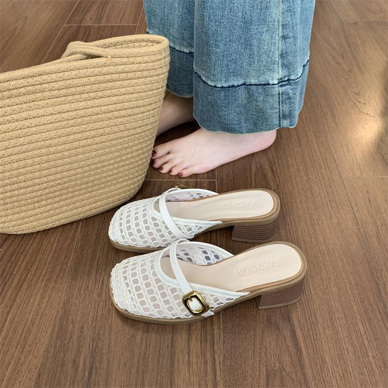 Fashion Female Shoes Fretwork Heels Slippers Women Summer Cover Toe Slides 2025 Soft Casual Leisure Female Shoes Fretwork Heels Ladies'