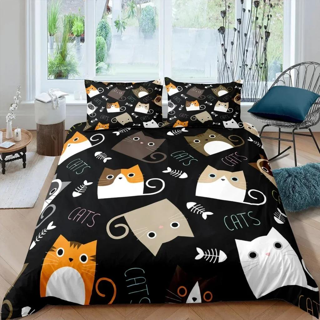 Cartoon Katze Bettbezug Set Cartoon Tierdruck Bettwäsche Set mit Kissenbezug Bettdeckenbezug für Schlafzimmerdeko