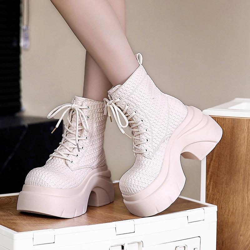 Fashion 9CM Women's Chunky Motorcycle Boots Autumn Hidden Heels Leather Sneakers Winter Heels Platform Boots Weave Mid-calf Boots Woman