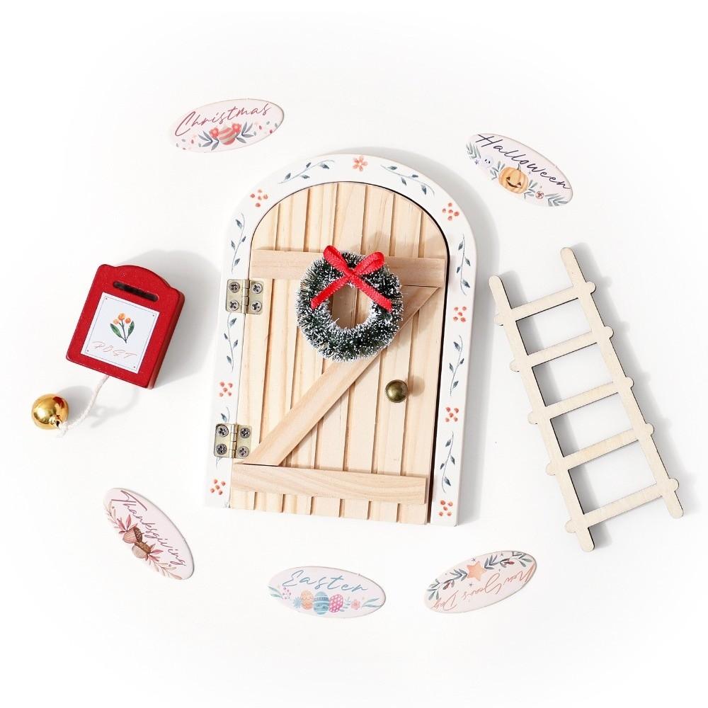 Cute Mini Fairy Elf Door Cartoon Christmas Christmas Style Wooden Elf Door Room Decoration Dollhouse Cartoon Elf Door