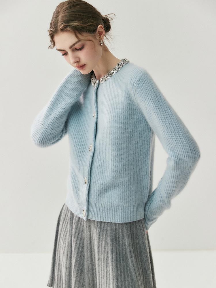 Women's Rhinestone & Cashmere Knit Cardigan - Lightweight, Warm, Round Neck Sweater for Autumn/Winter 2026