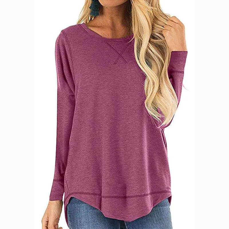 

Модная футболка с длинным рукавом и круглым вырезом, женская однотонная свободная повседневная футболка, женский элегантный офисный женский пуловер, футболки, топы 30770 XXL