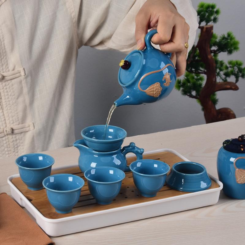 High-end Relief Cup Ceramic Fu Tea Set Household Kung Fu Porcelain Lotus Office Reception