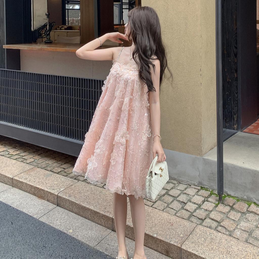 Damen schulterfrei ärmellos Mini-Kleid lockere Passform mittlere Taille elegant Pailletten floral A-Linien-Kleid