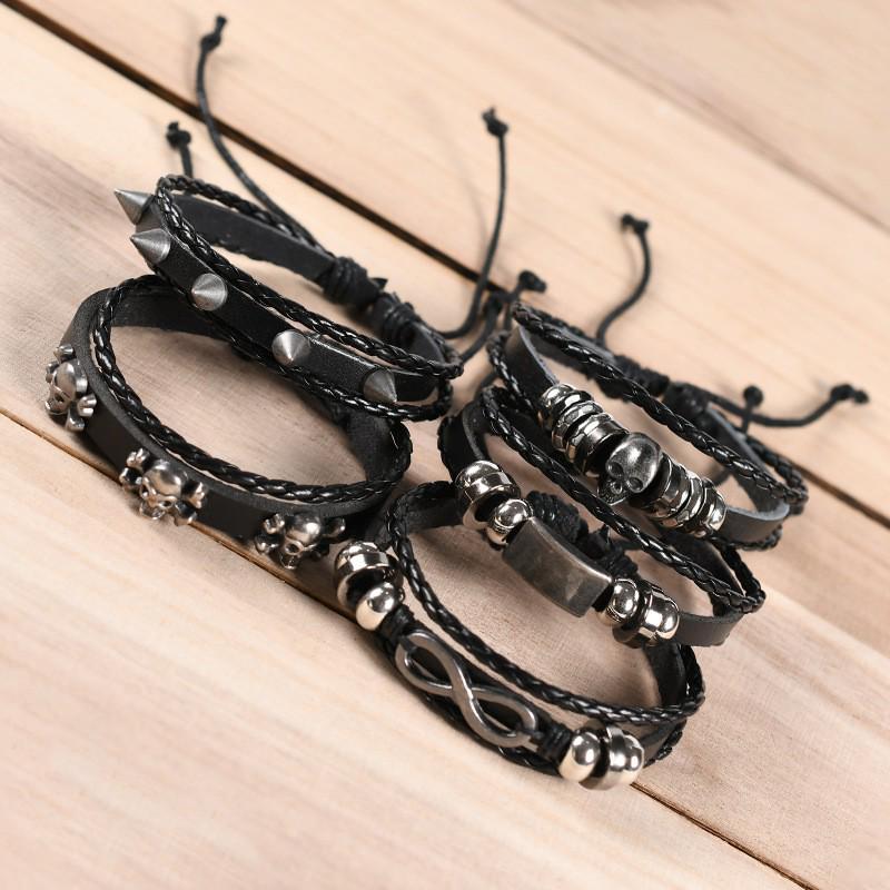 Men's Retro Skull Leather Bracelet Set: Handwoven Multi-Layer Rope with Figure 8 Design, 5 Pieces.