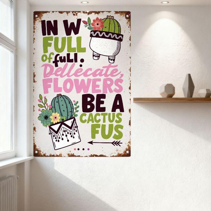 Vintage Metal Tin Sign with Cactus Illustrations, Rusty Distressed Edge, Handwritten Whimsical Text, Motivational Decor for Home