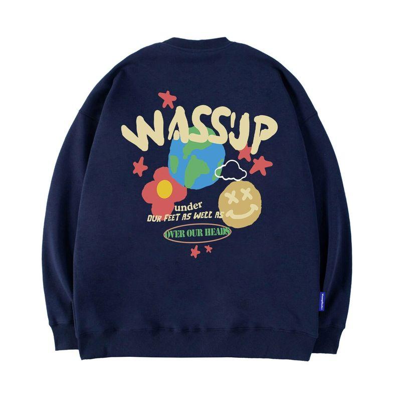 Wassup Trendy Brand Graffiti Smiley Face Earth Round-Neck Sweatshirt for Men, Spring and Autumn Heavyweight Versatile Couple Style American Top