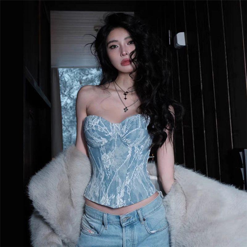 

# Sisjuly# Французский вайб Дворцовый стиль Кружевной узор Сочетание цветов Пояс Сексуальный Универсальный Топ-труба Женский Стройнящий Модный Blue L