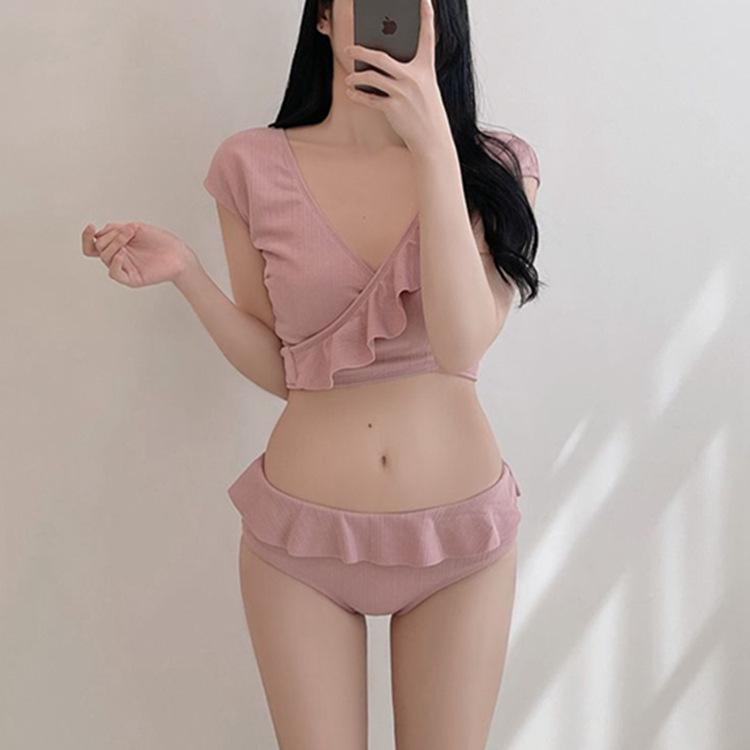 

Новое женское сексуальное бикини с оборками и открытой спиной – японский и корейский стиль с перекрестным дизайном и глубоким V-образным вырезом Extra Large розовый