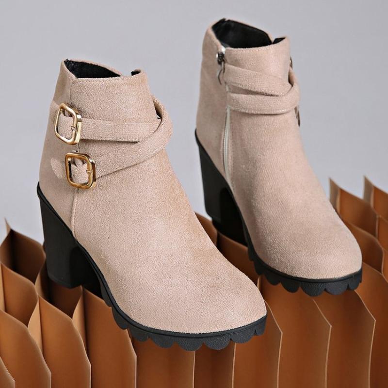 Fashion Women's Retro High Heel Ankle Boots Square Heel Woman Suede Leather Boots Female Round Toe Belt Buckle Platform Short Botines