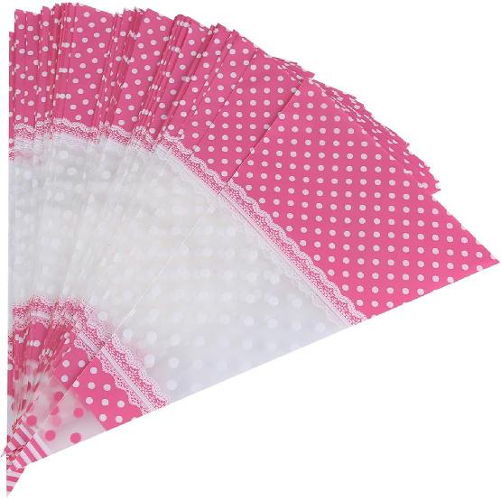 FTVOGUE 50 Piece Clear Cone-Shaped Treat Popcorn Bags Treat Bags Cellophane Candy Bags with Twist Ties(Pink)