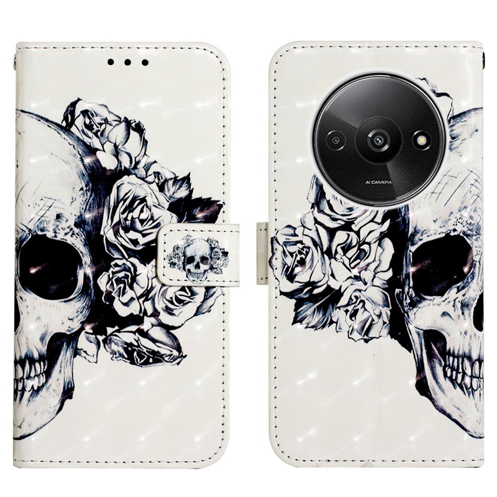 

Для Xiaomi Redmi A3 4G/Poco C61 4G Кожаный чехол 3D печать узора Кошелек Подставка Мобильная накладка с ремешком Skull