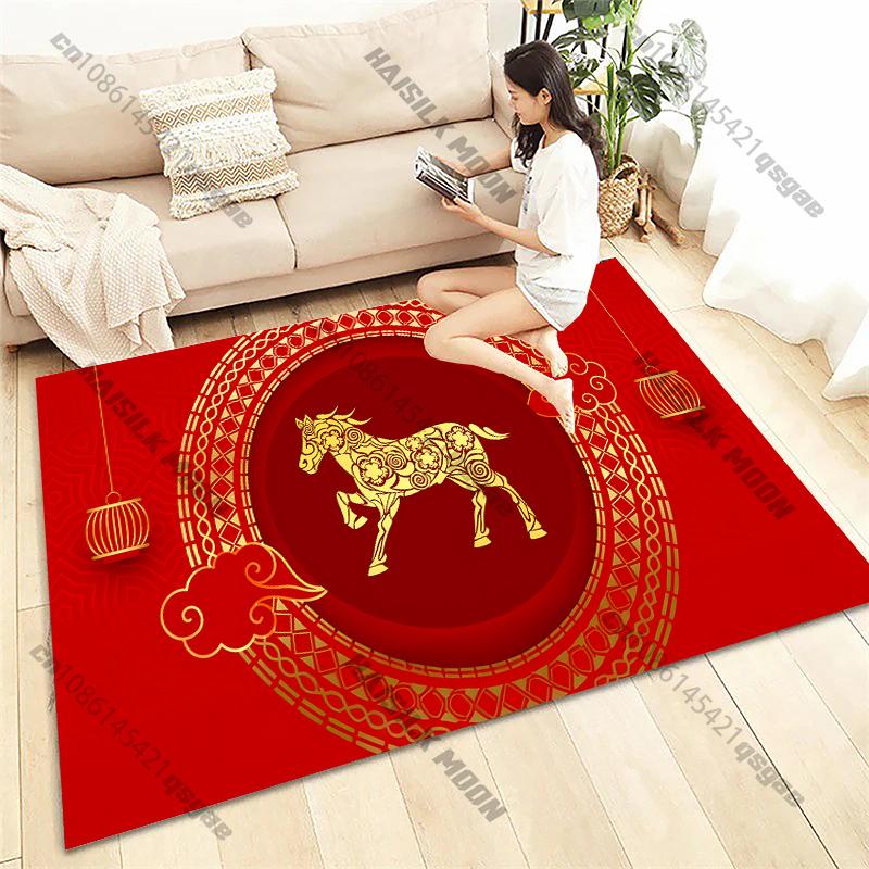 1PC Chinese Style Zodiac Malone Horse Dragon Theme Printed Carpet, Rugged for Living Room Bedroom, Door Decor Mat, Holiday Gifts