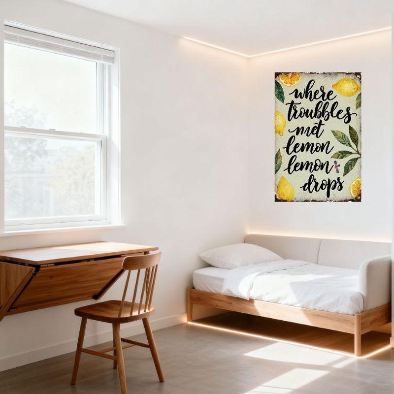 Vintage Distressed Light Green Metal Tin Sign 'Where Troubles Met Lemon Lemon Drops' with Lemons & Leaves for Kitchen Home Decor