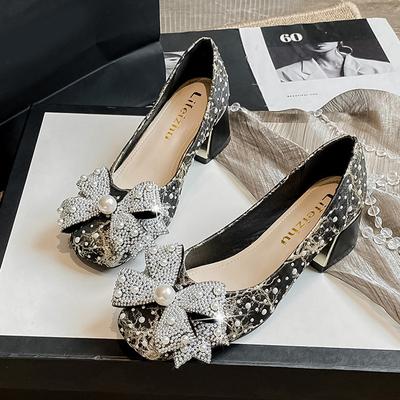 New Shoes for Women Fashion Shiny Pumps OL Square Toe Silk Bowknot High Heels Shoes Ladies Pearl Boat Shoes Big Size