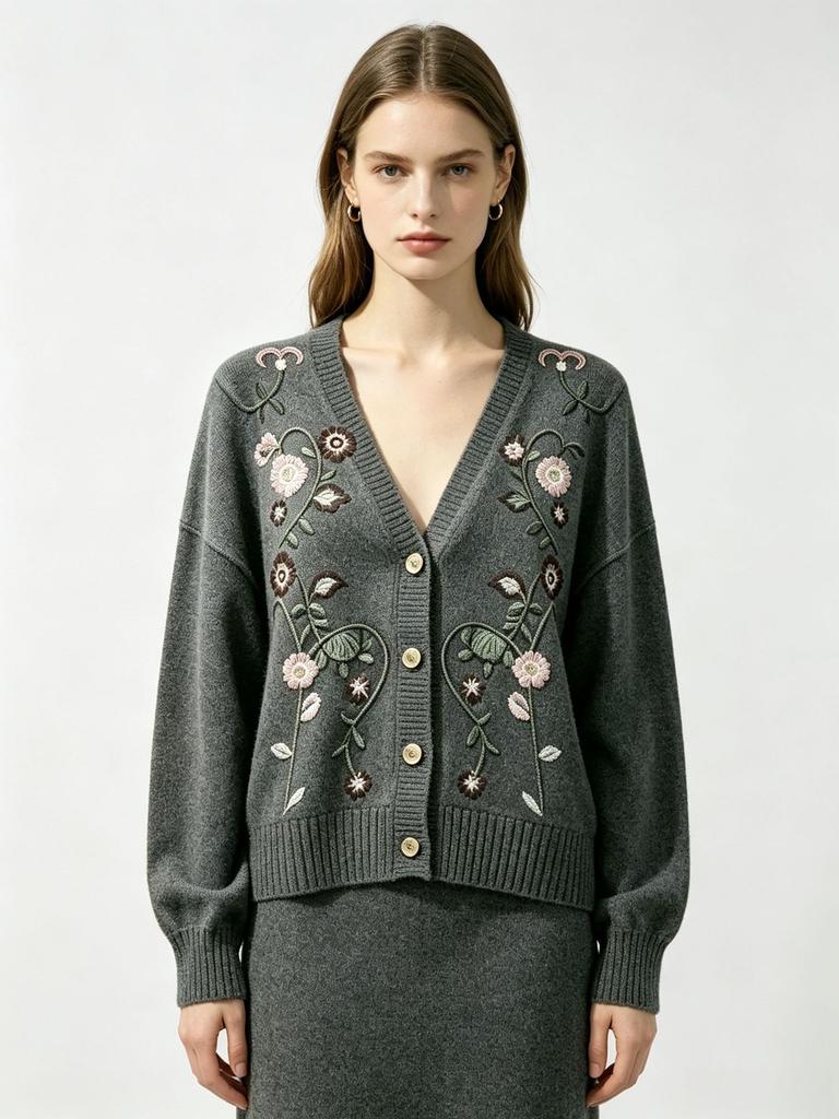 European and American style autumn and winter new heavy industry embroidered beads flower knitted cardigan women's loose v-neck outer sweater