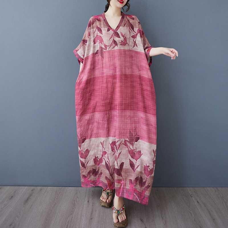 Women's V-neck Retro Long Skirt Cotton Linen Dress