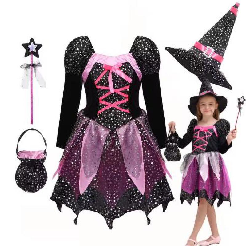 Heksesett Kjole Jenter Halloween Trollmannskostyme Barn Fest Heks Vestidos