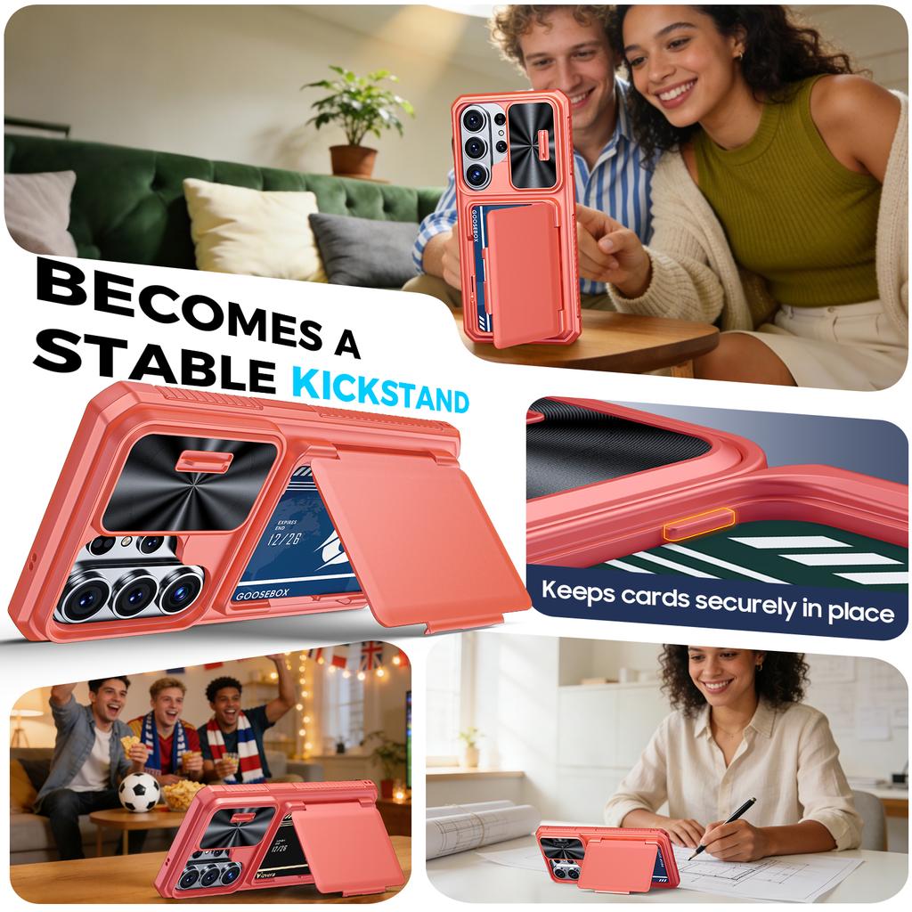 Avec Porte-Cartes, Cache-Objectif Coulissant et Support pour Étui de Téléphone Samsung Galaxy S26 Ultra, Étui Portefeuille Anti-Chute en PC+TPU - Rose Clair