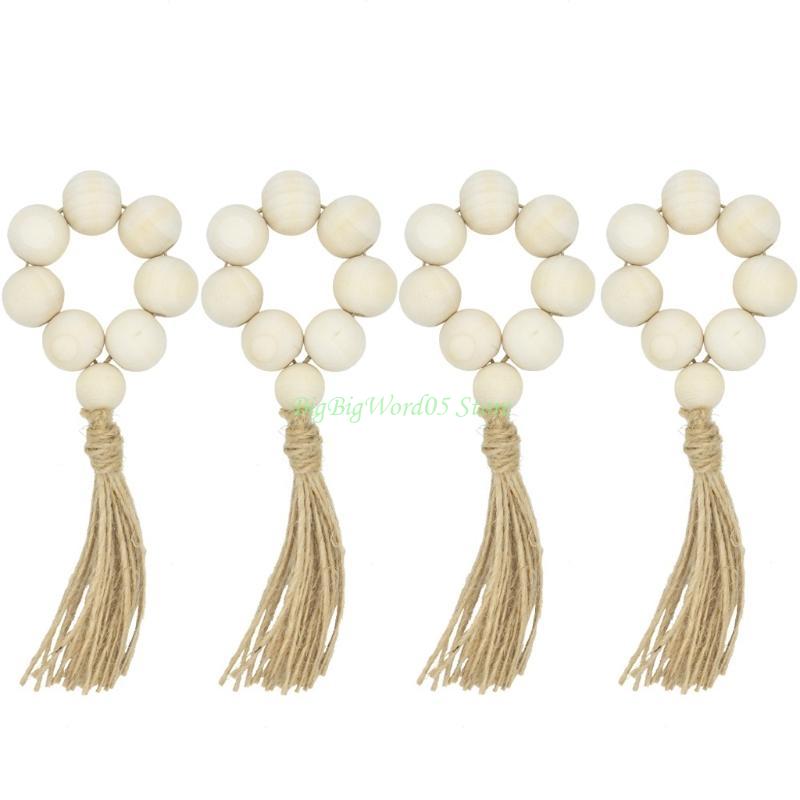 

24TE Wood Material Bead Garland Farmhouse Decor Napkin Ring Rustic Country Decor Prayer Beads with Tassels Holiday Decoration
