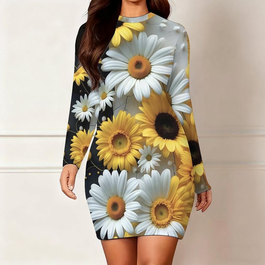 2025 Outono e Inverno Novo Estampa Floral 3D e Tingimento Moda Feminina Manga Longa Gola Redonda Vestido Envolvente de Quadril Dia dos Namorados Limitado