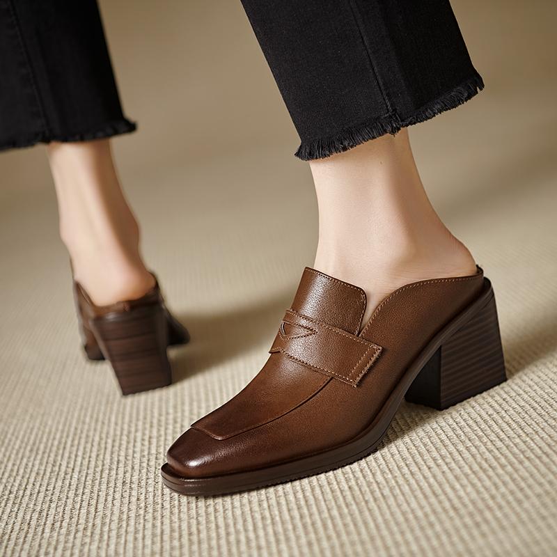 Fashion 2025 Spring Genuine Leather Shoes Women Slippers High Heels High Square Toe Mules Ladies Office Dress Shoes Slides Women Pumps