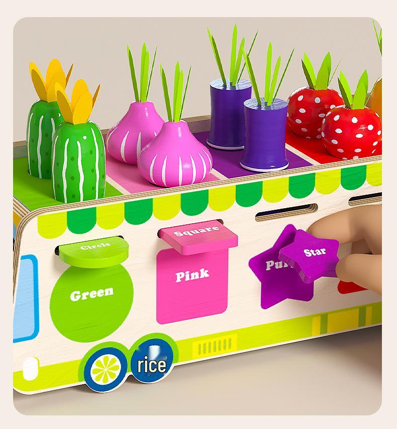 Kids' Educational Fruit & Veggie Vending Cart: Multifunctional Shape & Color Matching Toy with Pull-Along Radishes for Early Learning