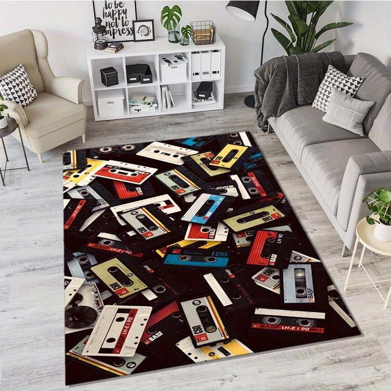 Retro Cassette Tape Design Area Rug - Non-Slip, Durable Polyester Floor Mat with Vintage Music Recording Aesthetic for Living