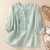 Cotton Linen Flower Embroidery Shirt Women Three Quarter Sleeves V Neck Casual Blouse Loose Solid Color Mother Blouse Women Top