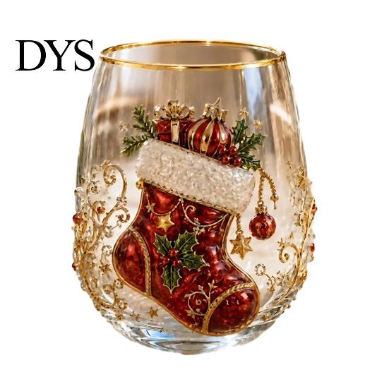 Christmas Themed Water Mug 330ML Glass Cup, Wreath/Santa Claus/Elk/Stockings/Snowman Pattern Holiday Glassware Compact for Breakfast Wine, Coffee,