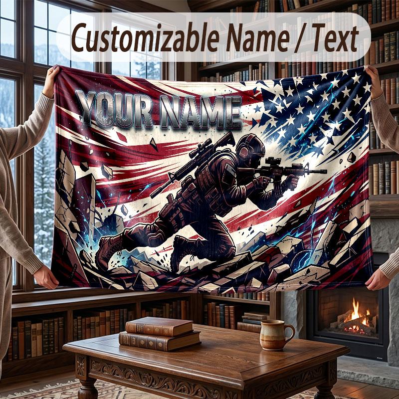 American Patriotic Theme Throw Blanket Custom Name Text Personalized Blanket Soft Cozy Blanket for Home Sofa Bed