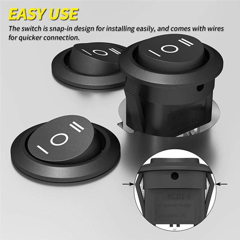 10PCS Round KCD1 Rocker Switch 12V 3 Pin 3 Position On Off On DC Circle Toggle Switch With Wires For Auto Car Boat-A87Q