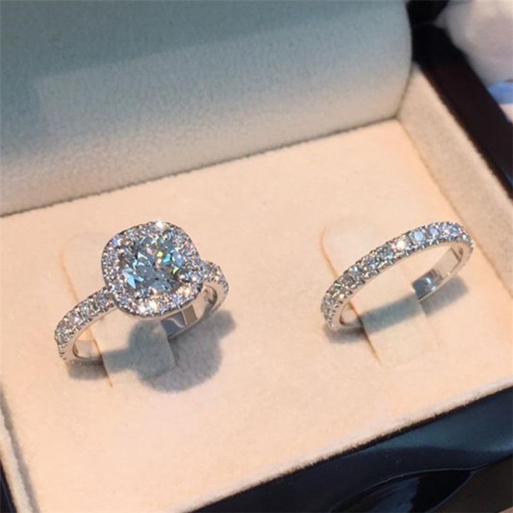 

2Pcs Luxury Crystal Ring Set AAAA Zircon Wedding Rings Fashion Crystal Princess Ring for Women Men 11