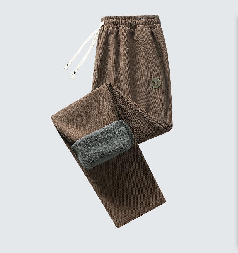 Men's Warm Corduroy Casual Pants With Fleece Lined Cargo Pants Drawstring Elastic Waist Sweatpants with Pockets Winter Straight Leg Trousers for Male