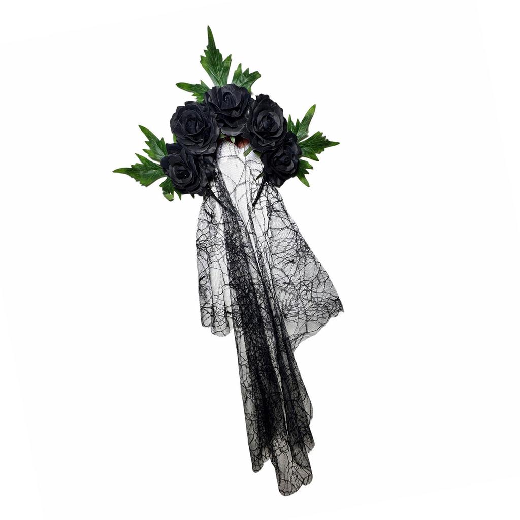 Halloween Gothic Lace Veil Headband With Red Roses Cosplay Hairband For Women Kids Costume Party Accessories