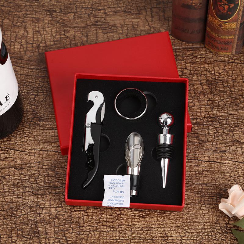 Jiuyou 4-Piece Stainless Steel Wine Tools: Waiter's Corkscrew, Pourer, Corkscrew Set in Gift Box.