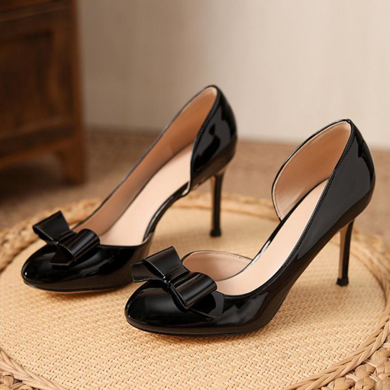 Fashion Nude Patent Leather Butterfly Knot Brand Pumps Women Fashion Round Toe Shallow Thin Heel Designer Shoes Elegant Party Dress Shoe