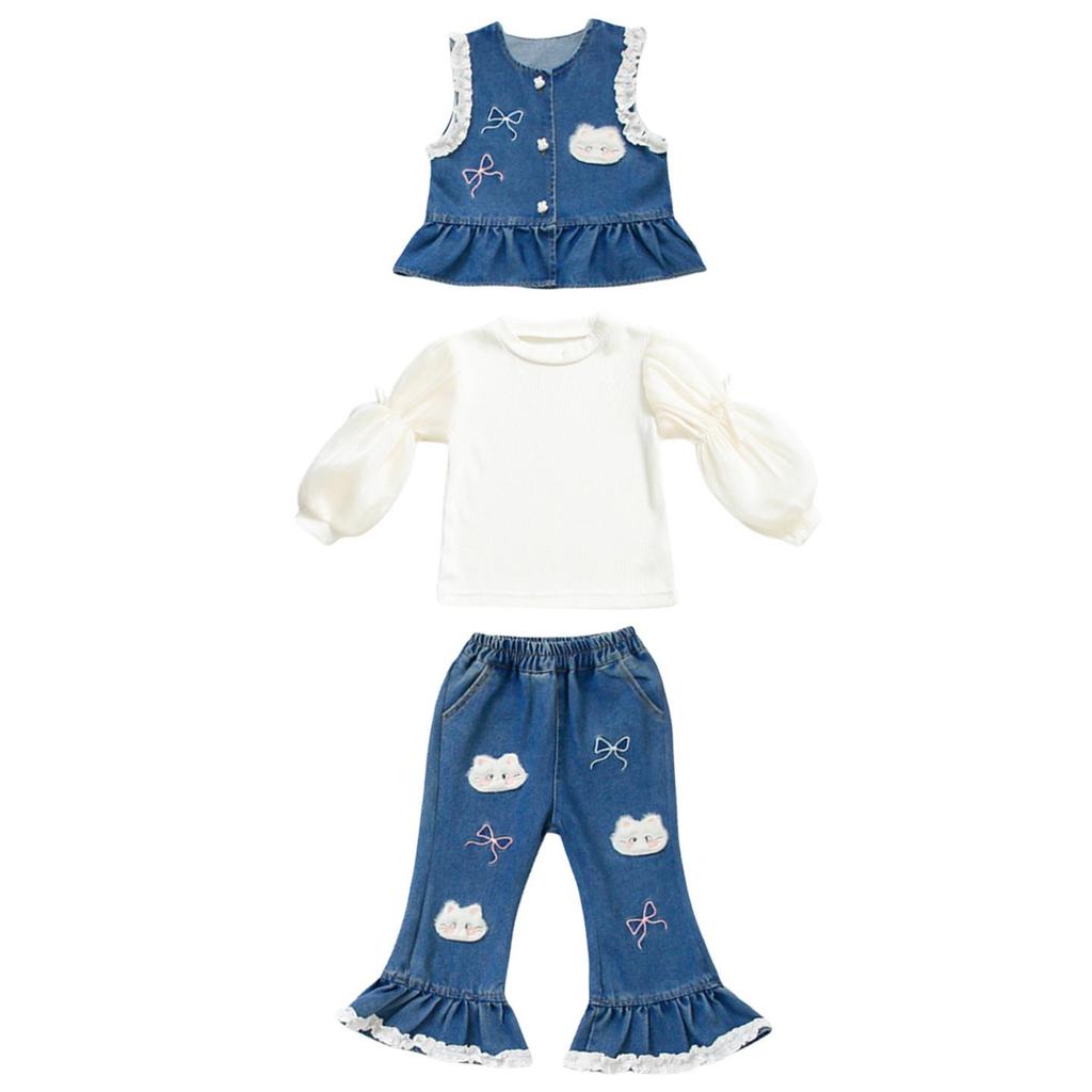 Autumn 2025 Girls' Fashion Denim Three-Piece Set: Vest, Base Shirt, for Small & Medium Kids
