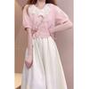 Embroidered Lotus Leaf Edge Half Sleeve Cotton and Linen A-line Skirt Two-piece Set