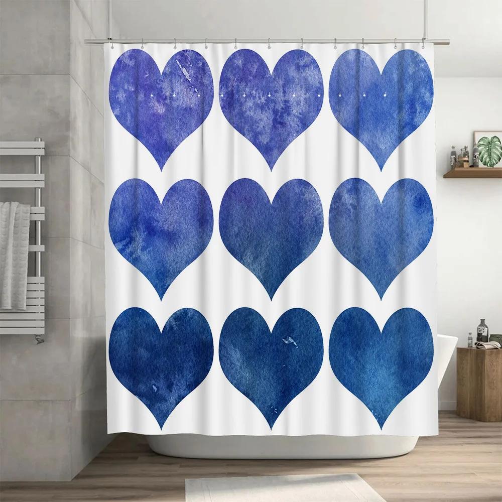 Blue Watercolor Heart Shower Curtain 3D Printed Polyester Fabric For Bathroom Decor Modern Home Decoration Waterproof Bath Mat C