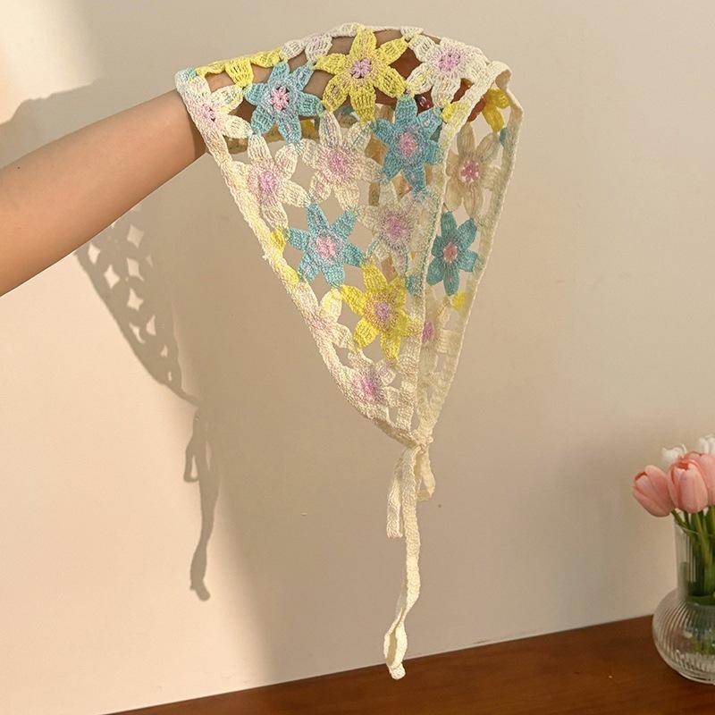 Knitted Crochet Headscarf French Pastoral Triangle Headband Handmade Soft Hair Wrapper for Beach Picnic Holiday Boho Fashion