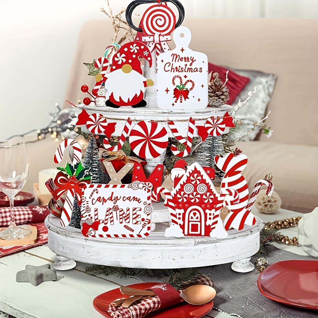 11pcs Santa Tiered Tray Decor Wooden Signs Festival Party Desktop Centerpieces Decor Home Decoration