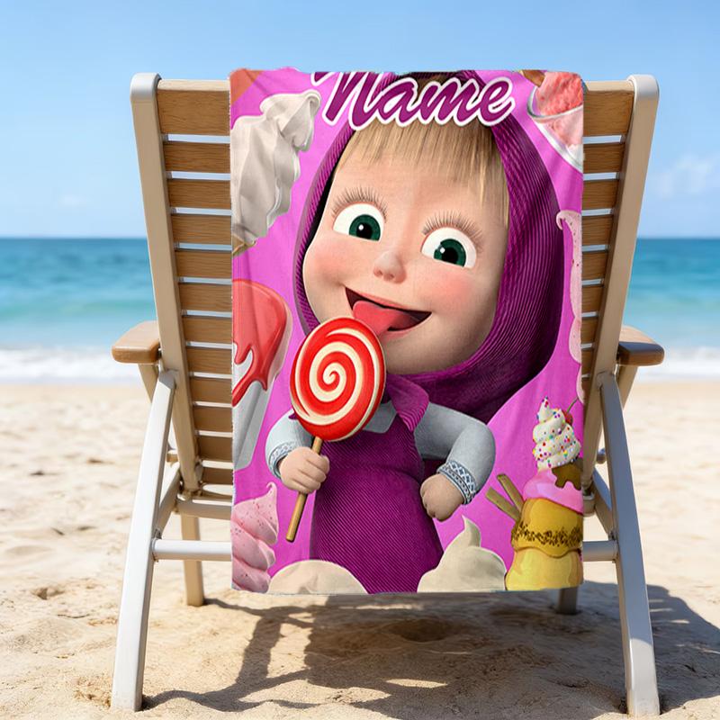 1pc Masha and the Bear4 Beach Towel with Custom Name, Beach/Swimming/Bath/Picnic/Camping Towel, Suitable for Seaside Beaches